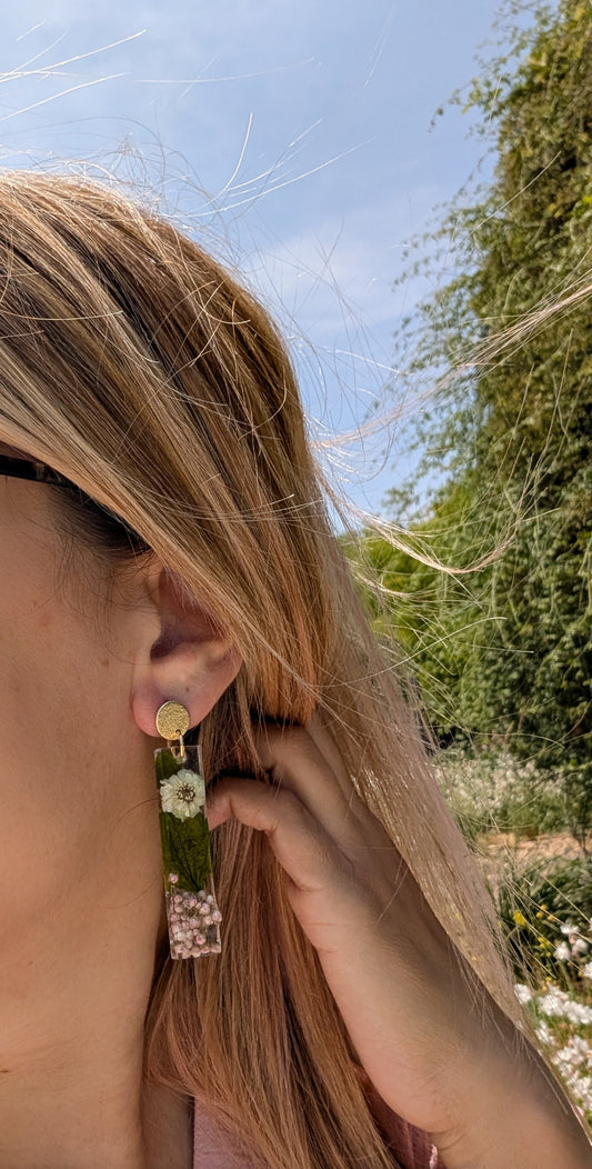 Handcrafted Resin Earrings with White and Pink Flowers – Unique Floral Design